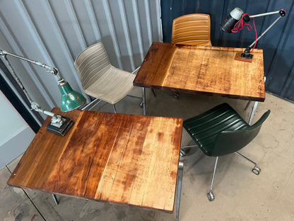 1950s James Leonard compass leg Desk with reclaimed oak top
