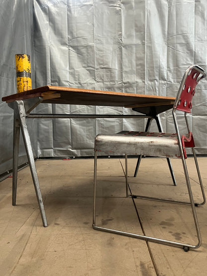 1950s James Leonard compass leg Desk with reclaimed elm top