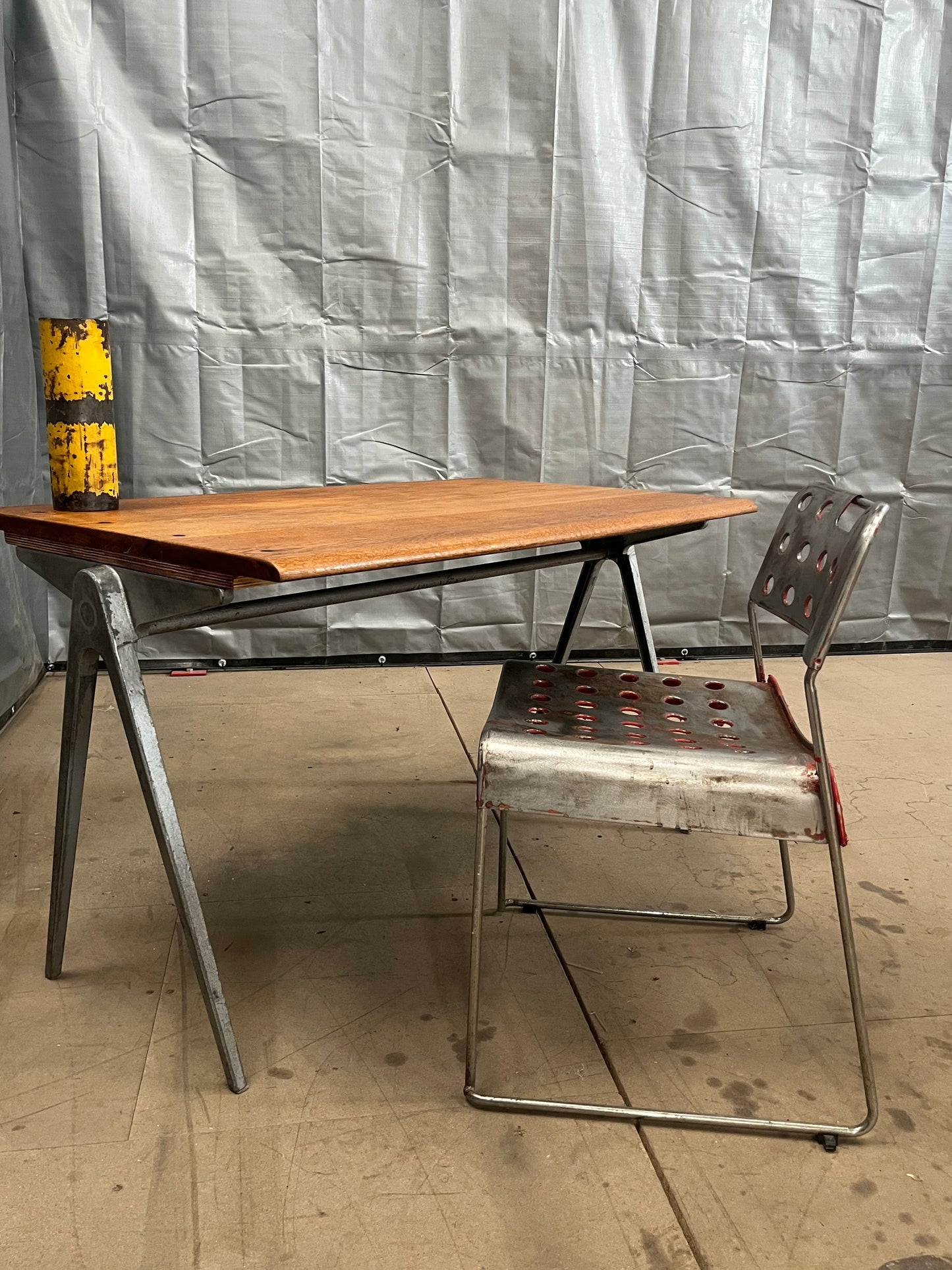 1950s James Leonard compass leg Desk with reclaimed elm top