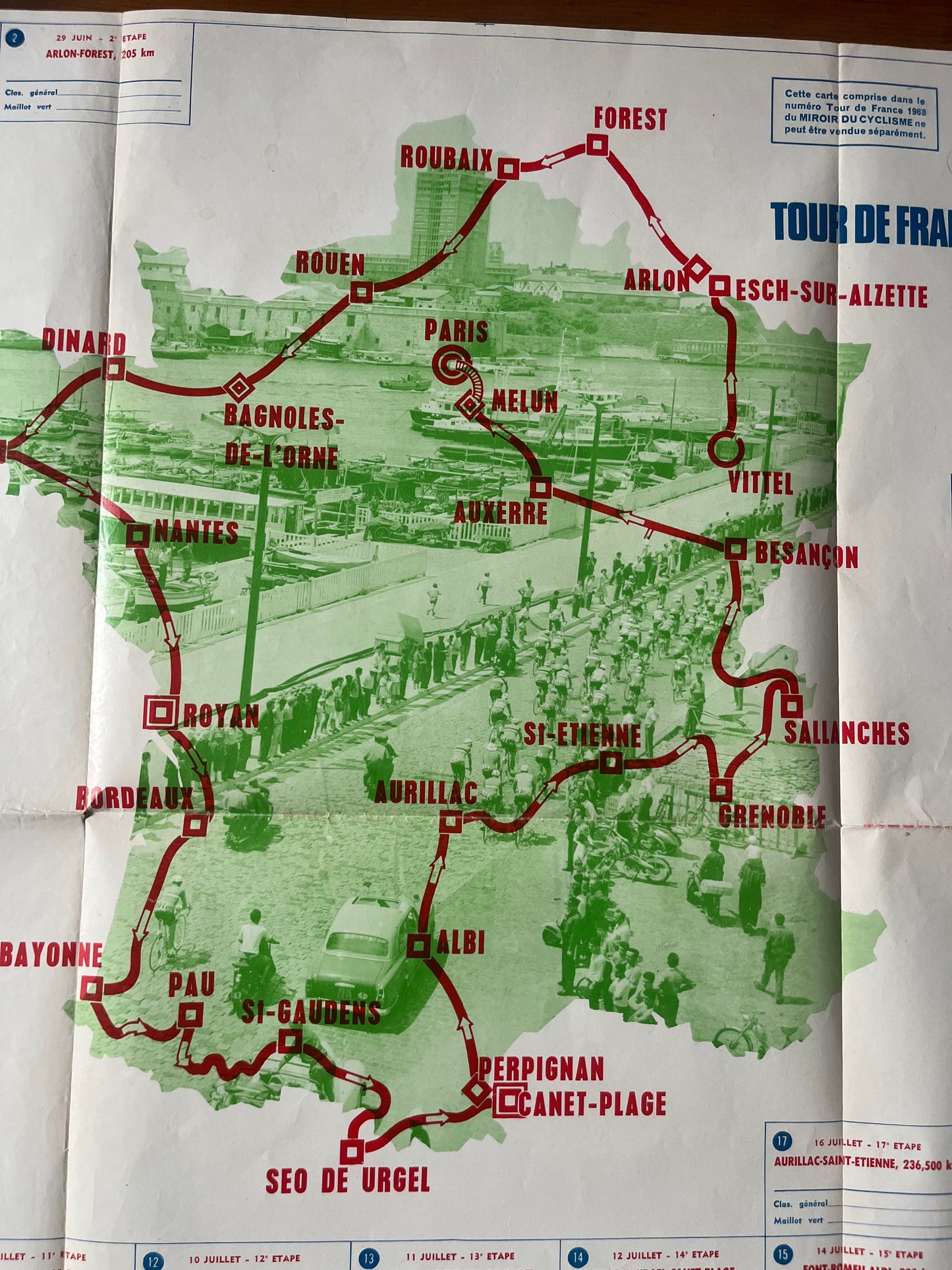 Vintage Cycling Print - Tour de France Route Map, 1968