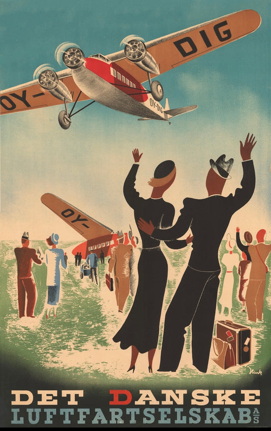 Danish Danske Luftfartselskab Aviation poster c1936