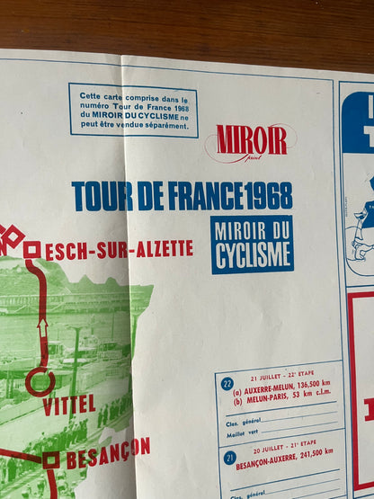 Vintage Cycling Print - Tour de France Route Map, 1968
