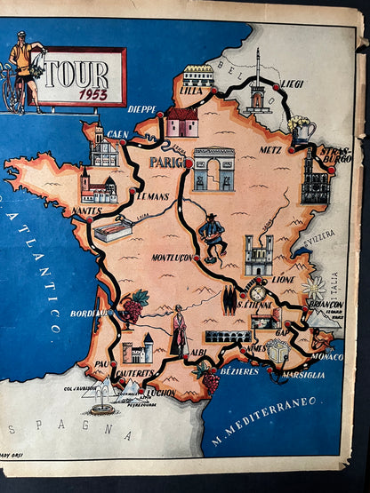 Vintage Original Tour de France Route Map, 1953