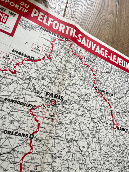 Vintage 1966 Cycling Print - Tour de France Route Map