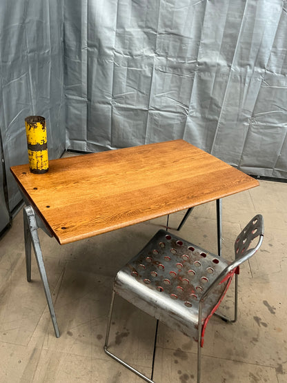 1950s James Leonard compass leg Desk with reclaimed elm top