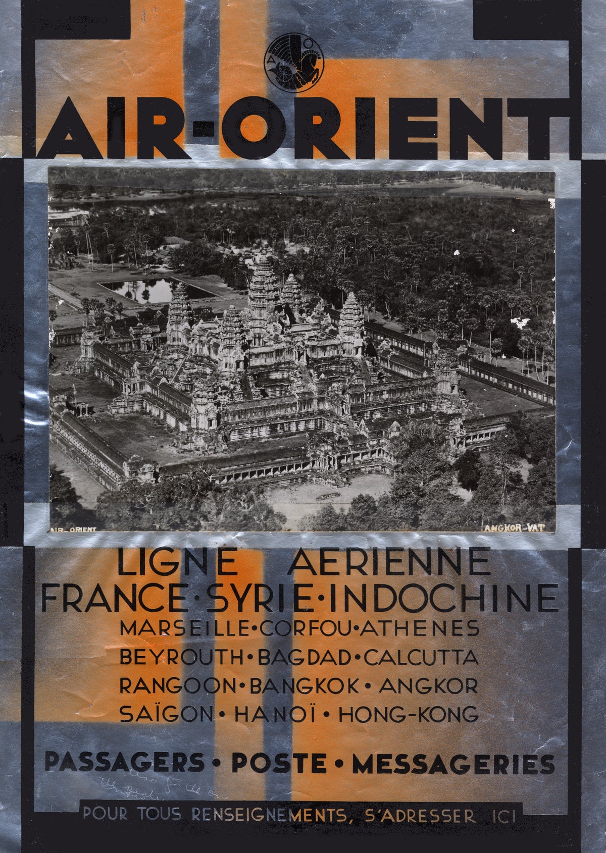 A monochrome aerial photograph of Angkor Wat sits beneath bold Air Orient lettering and a list of destinations.