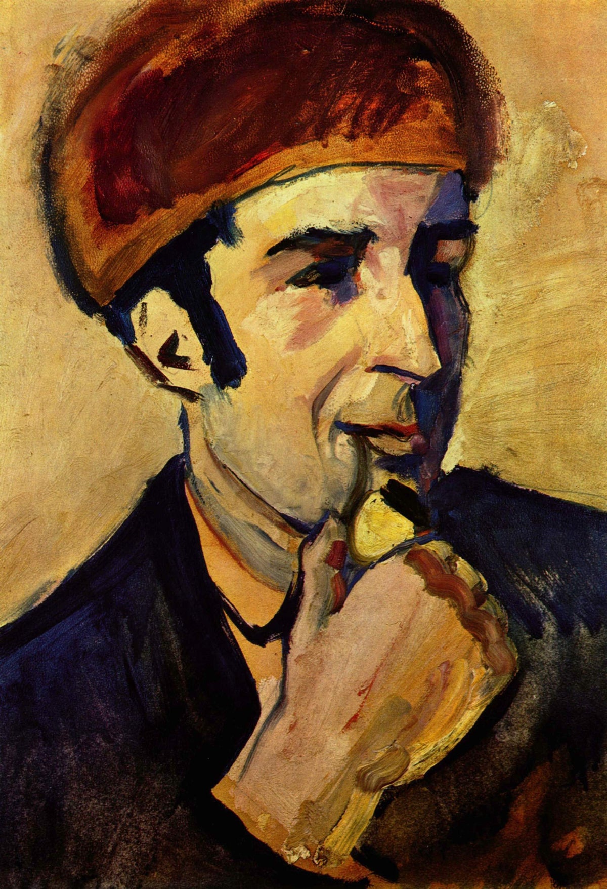 A close portrait of Franz Marc with a pipe uses expressive brushwork and warm brown, yellow and deep blue tones.