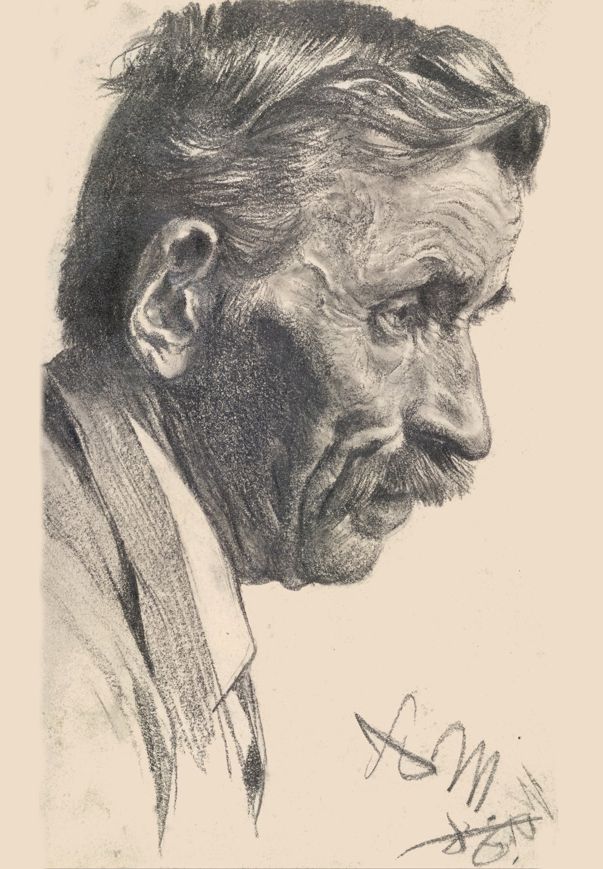 A monochrome profile study captures a moustached man with swept-back hair, rendered in expressive shading on a pale ground.