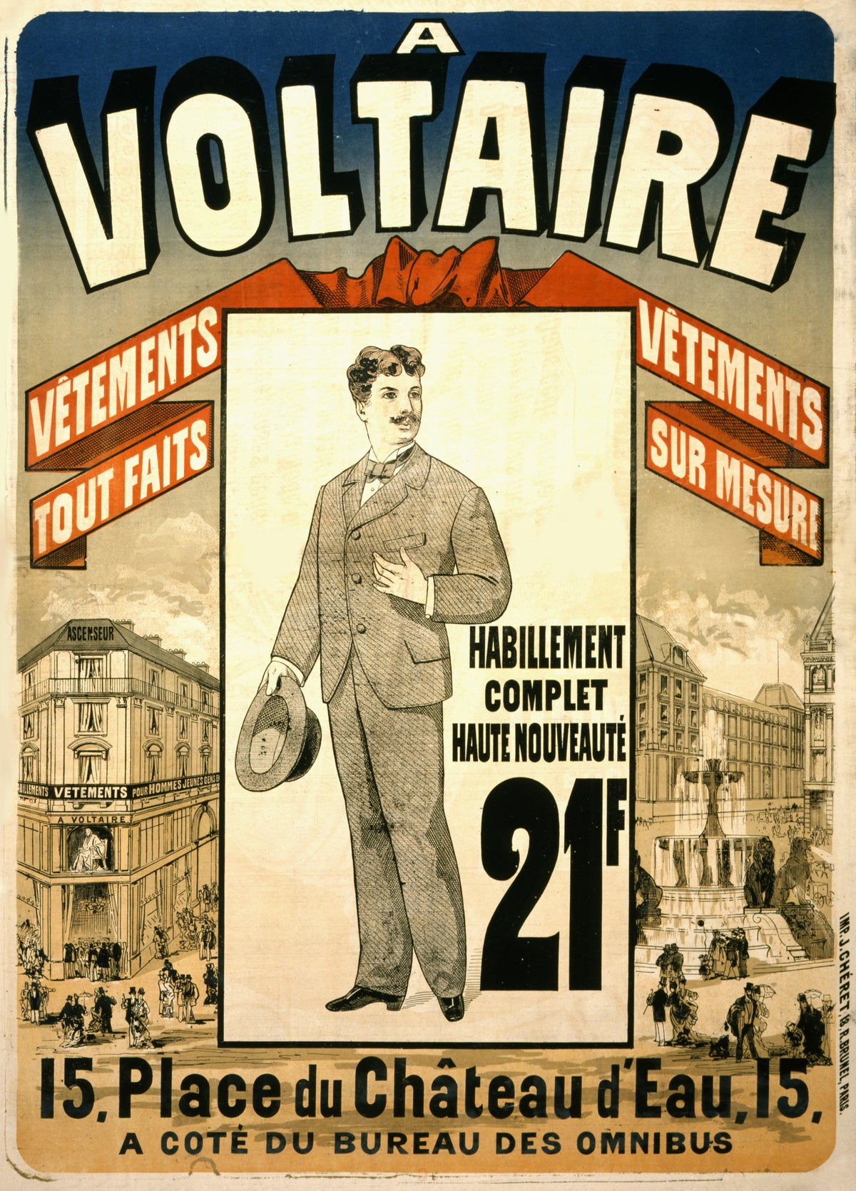 A suited gentleman stands between Parisian street scenes beneath large Voltaire lettering and red ready-made clothing banners