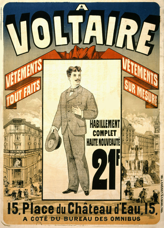 A suited gentleman stands between Parisian street scenes beneath large Voltaire lettering and red ready-made clothing banners