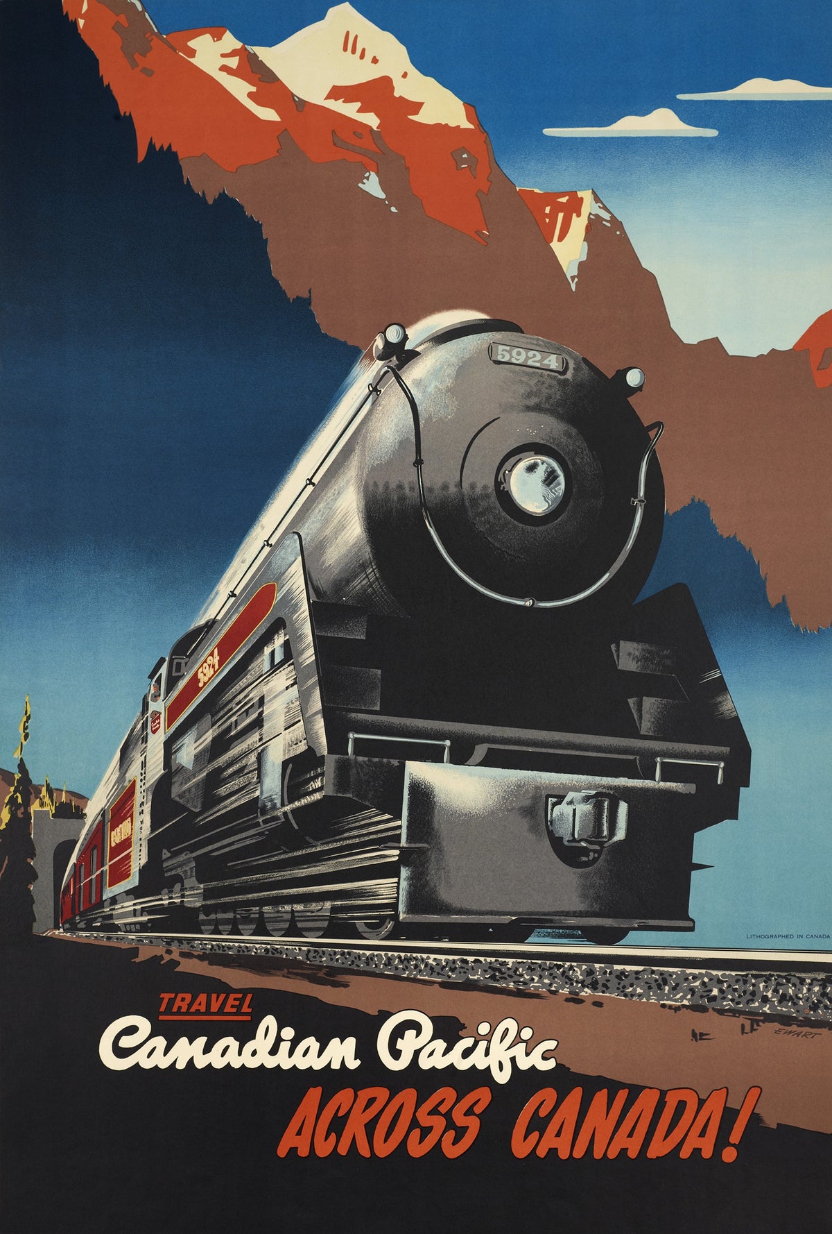 A powerful dark steam locomotive approaches beneath dramatic red-brown mountain peaks and a deep blue sky.