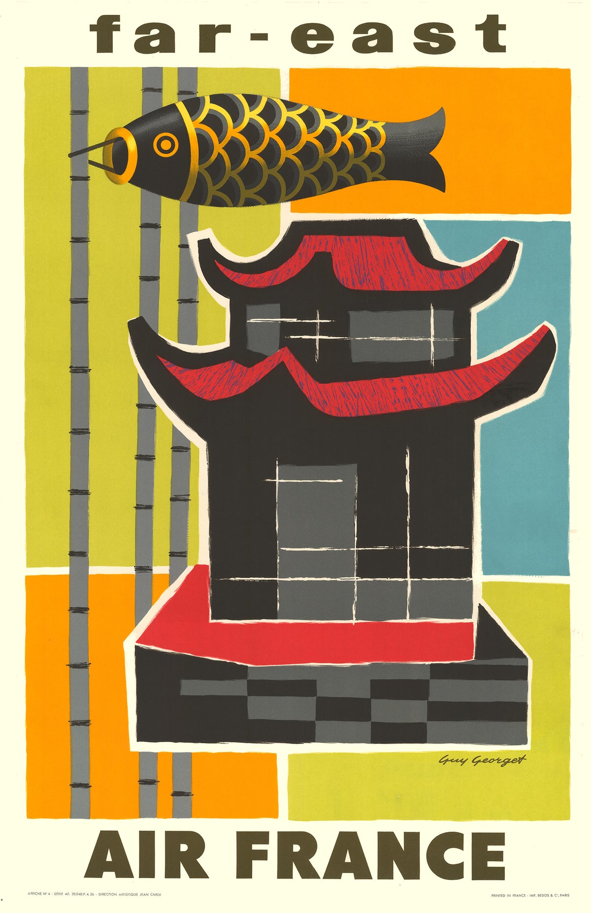 A black and red pavilion, bamboo stalks and a golden fish form a bold geometric composition against yellow, orange and turquoise panels.