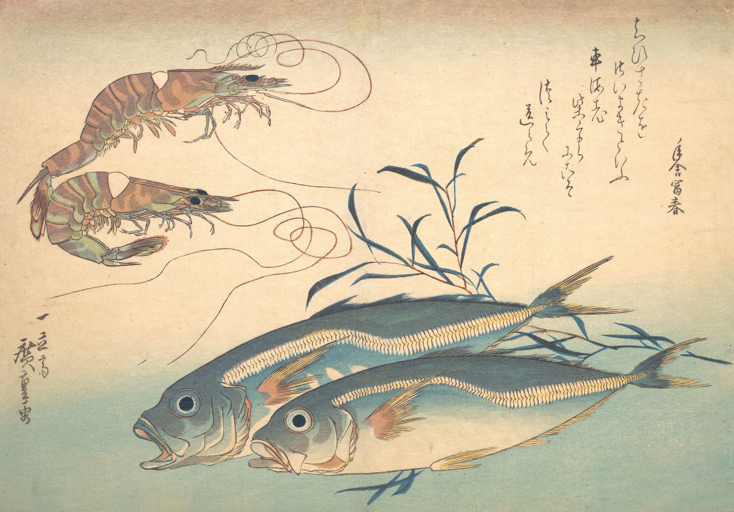 Aji Fish and Kuruma-ebi, Vintage print, Utagawa Hiroshige