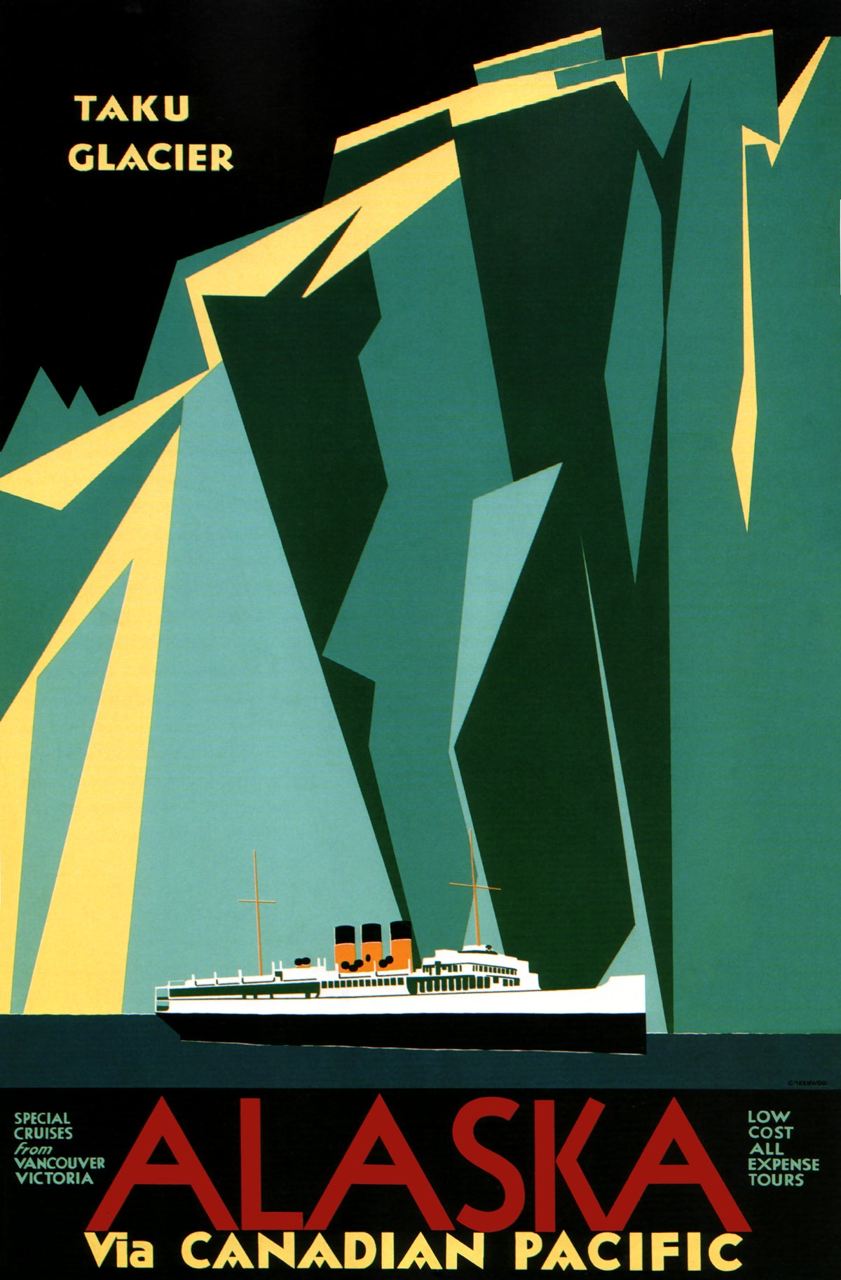 A small white cruise ship passes towering angular green ice cliffs beneath a black sky and bold red Alaska lettering.