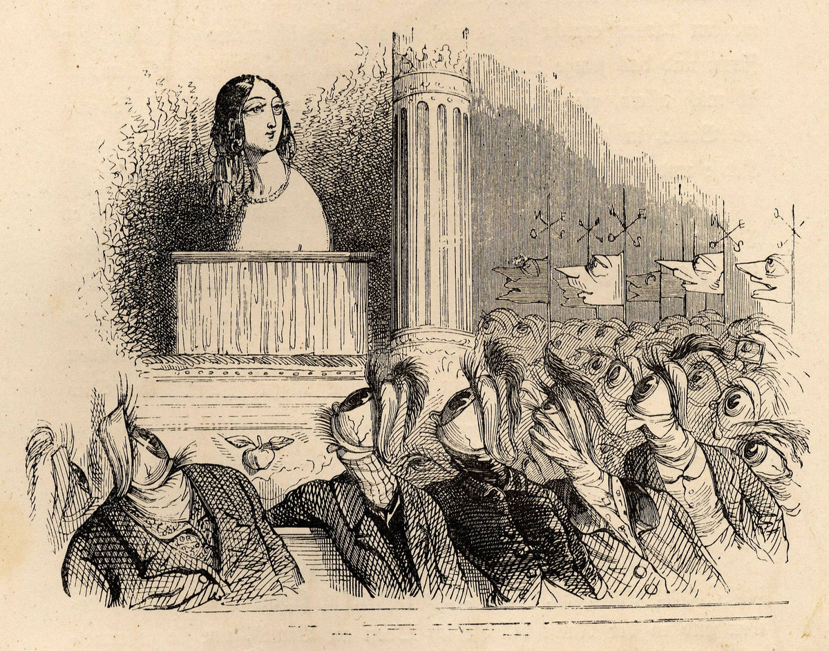A crowd of caricatured figures twist their elongated heads toward a woman in a balcony in an intricate monochrome illustration.