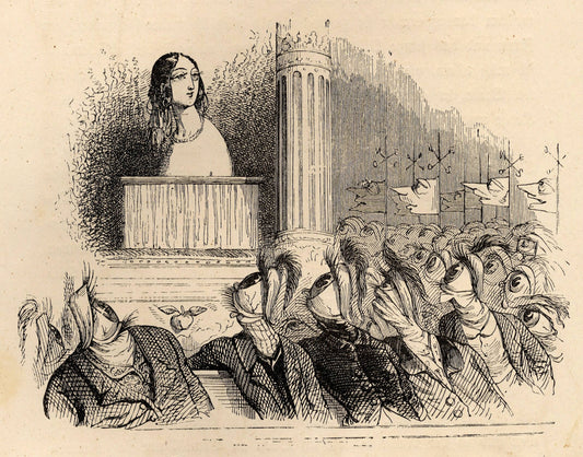 A crowd of caricatured figures twist their elongated heads toward a woman in a balcony in an intricate monochrome illustration.