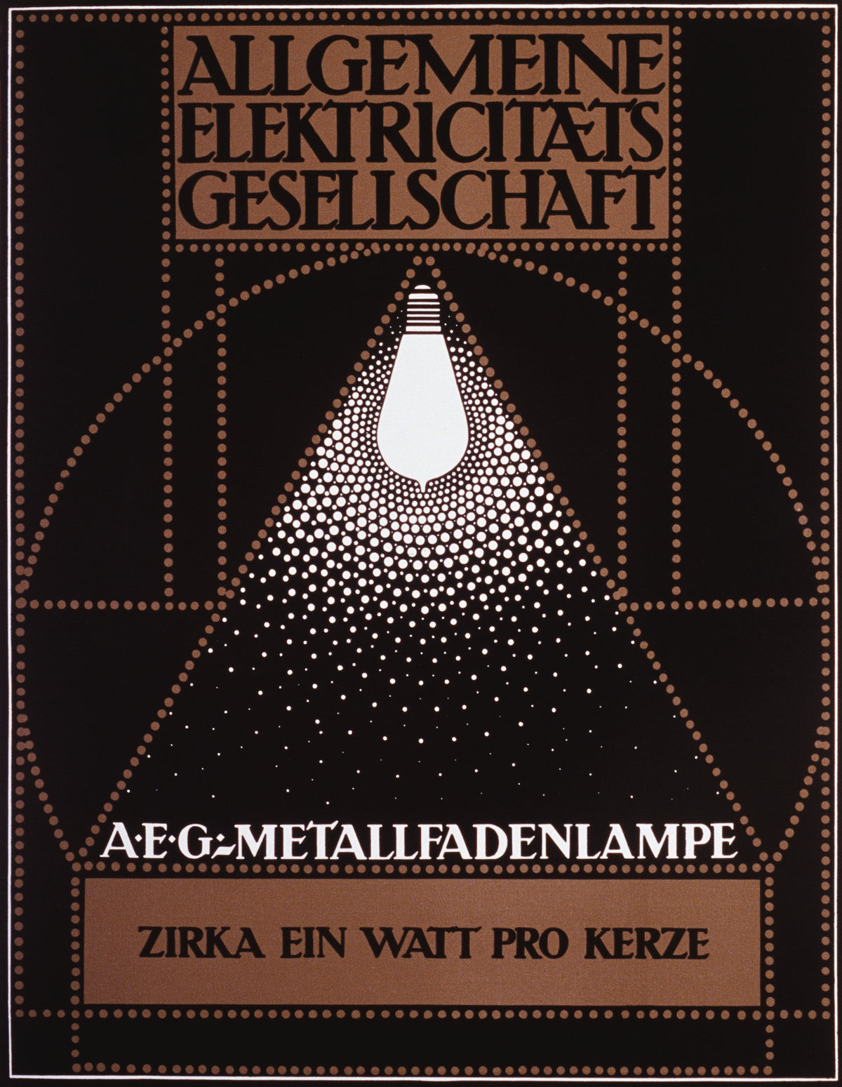 A white light bulb casts a triangular beam of dotted light against a dark background beneath large German lettering.