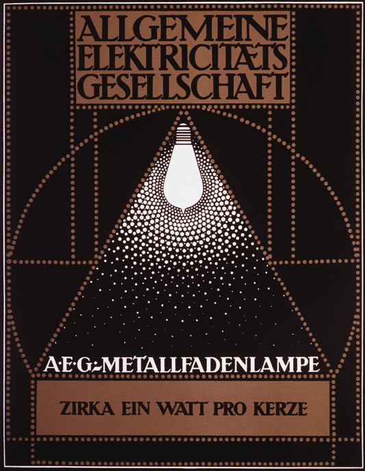 A white light bulb casts a triangular beam of dotted light against a dark background beneath large German lettering.