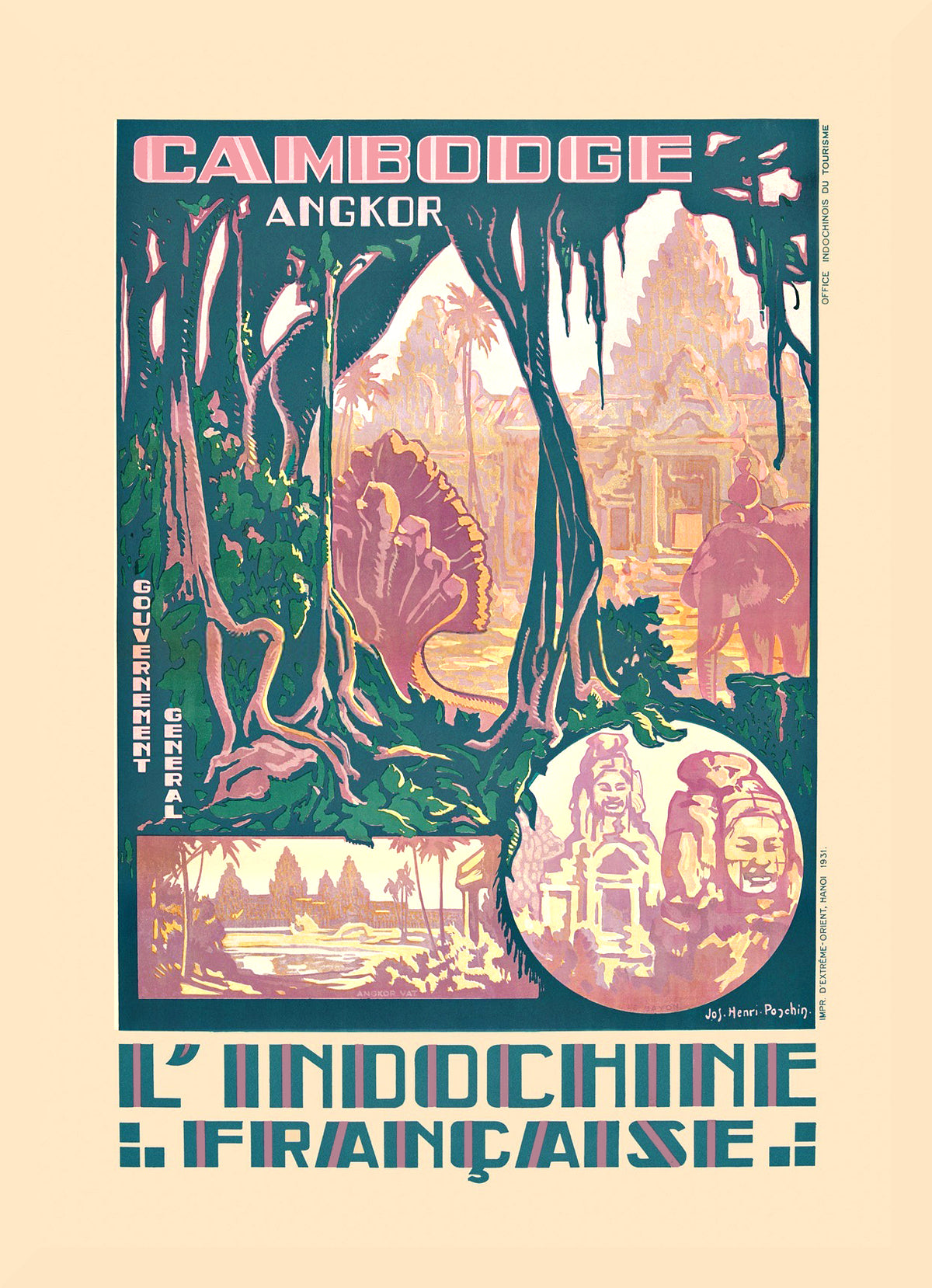 Angkor temples, jungle trees and carved stone faces form a layered green and pink composition signed Jos. Henri Ponchin.
