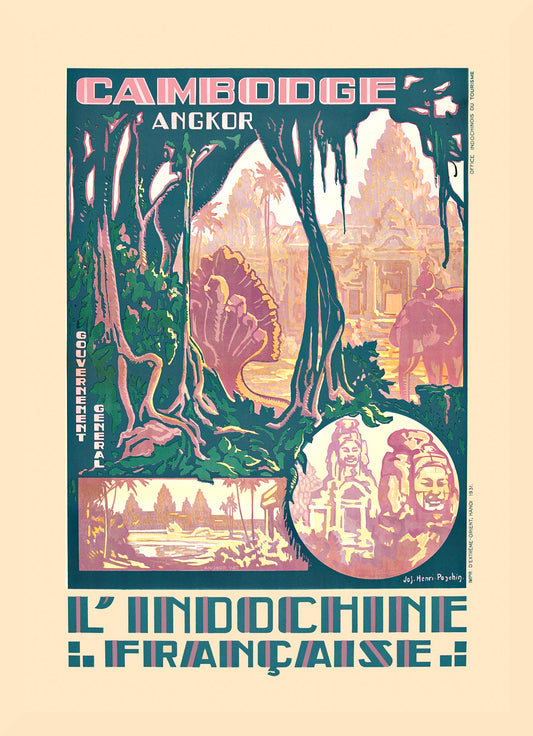 Angkor temples, jungle trees and carved stone faces form a layered green and pink composition signed Jos. Henri Ponchin.