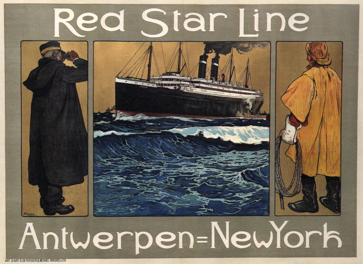 An ocean liner crosses choppy blue water between panels showing two seafarers, beneath elegant Red Star Line lettering.