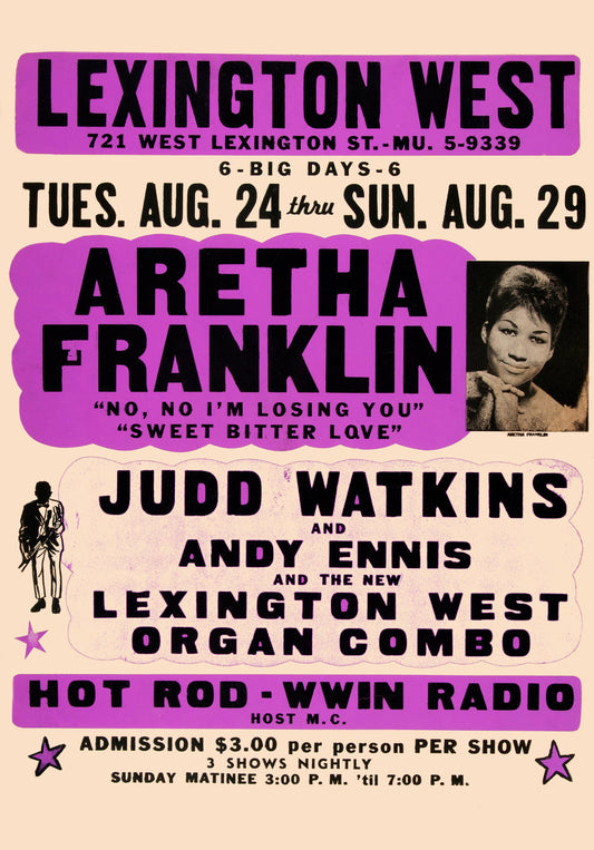 Bold black lettering on purple panels surrounds a photograph of Aretha Franklin and details of her Lexington West engagement.