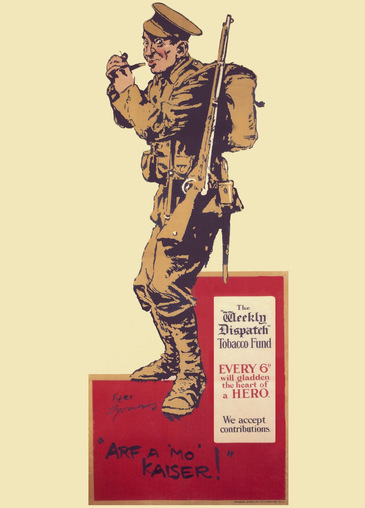 A uniformed soldier pauses to light his pipe above a red panel promoting the Weekly Dispatch Tobacco Fund.