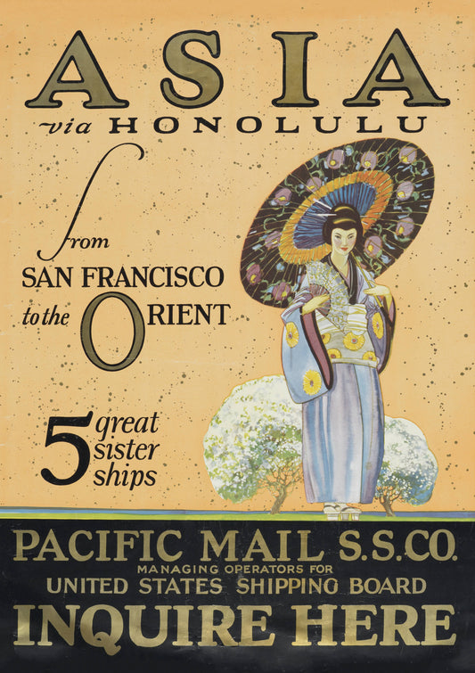 A woman with an ornate parasol stands on a golden ground beside decorative Asia lettering and an advertisement for Pacific Mail steamships.