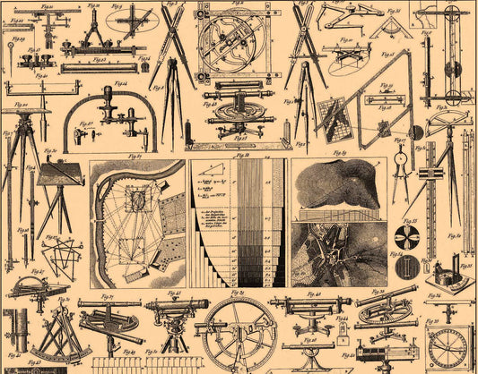 Fine black diagrams of tripods, measuring instruments, angular scales and technical apparatus fill a warm cream landscape-for