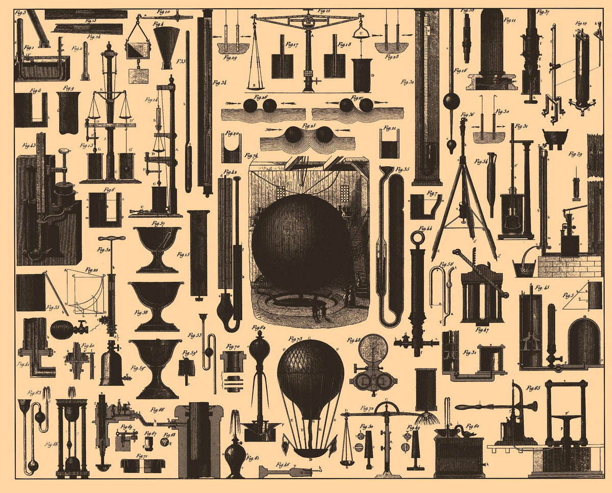 Detailed black engravings of scientific equipment, glass vessels, balances and a small air balloon cover a warm cream landsca