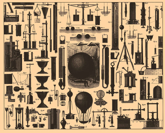 Detailed black engravings of scientific equipment, glass vessels, balances and a small air balloon cover a warm cream landsca