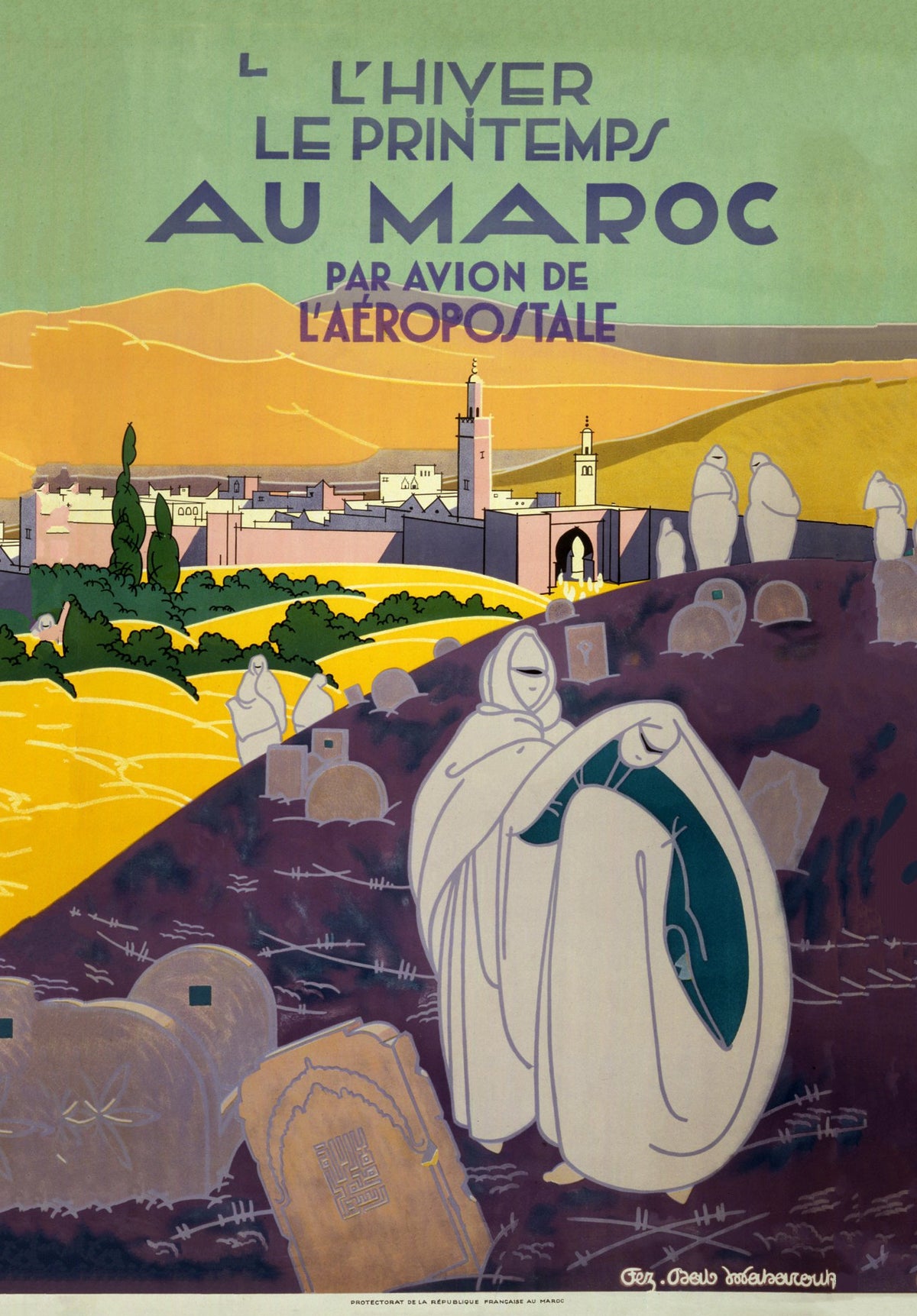 Cloaked figures, pale buildings and golden hills form a Moroccan landscape beneath a green sky and bold French travel lettering.