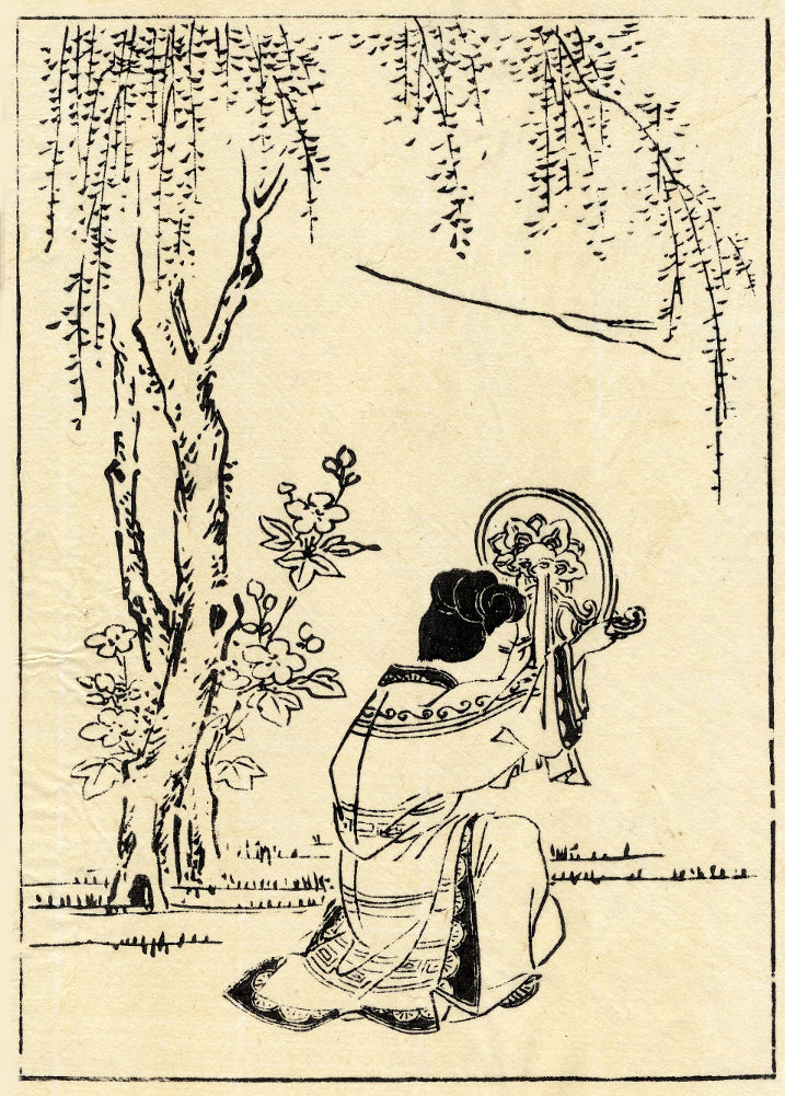 A seated figure holding an ornate object beneath hanging willow branches.