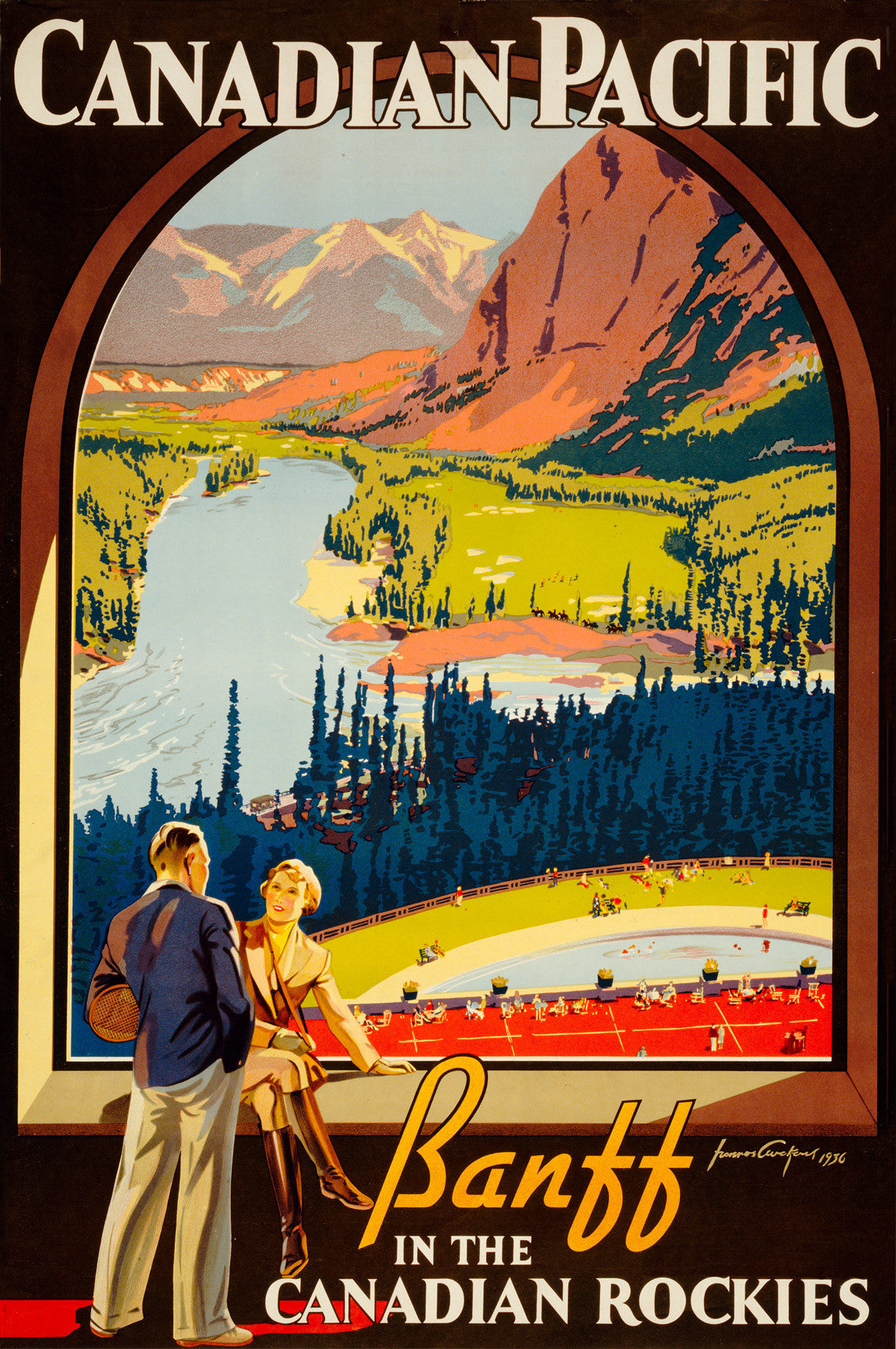 A smartly dressed couple overlook tennis courts, a river and mountain scenery framed by an arch in this Canadian Pacific design.