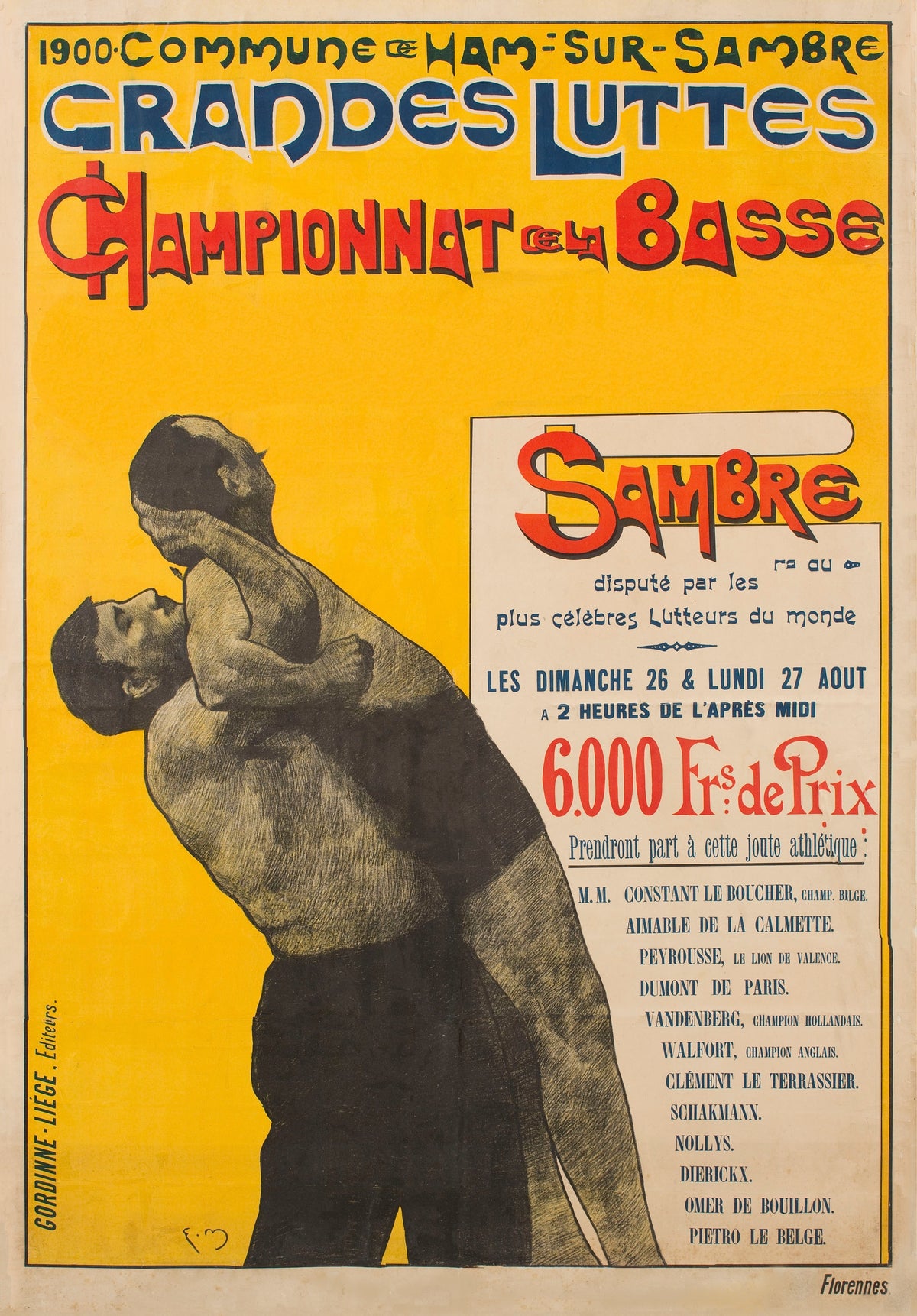 Two wrestlers grapple against a vivid yellow background, surrounded by red and blue lettering advertising the championship at Ham-sur-Sambre.