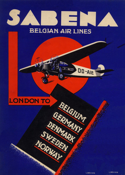 Sabena Belgian Air Lines vintage aviation poster c1930s