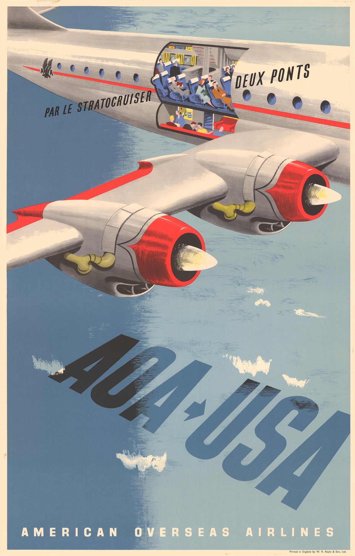 A cutaway view reveals a two-deck Stratocruiser cabin above silver wings and red engine nacelles against a blue sky.