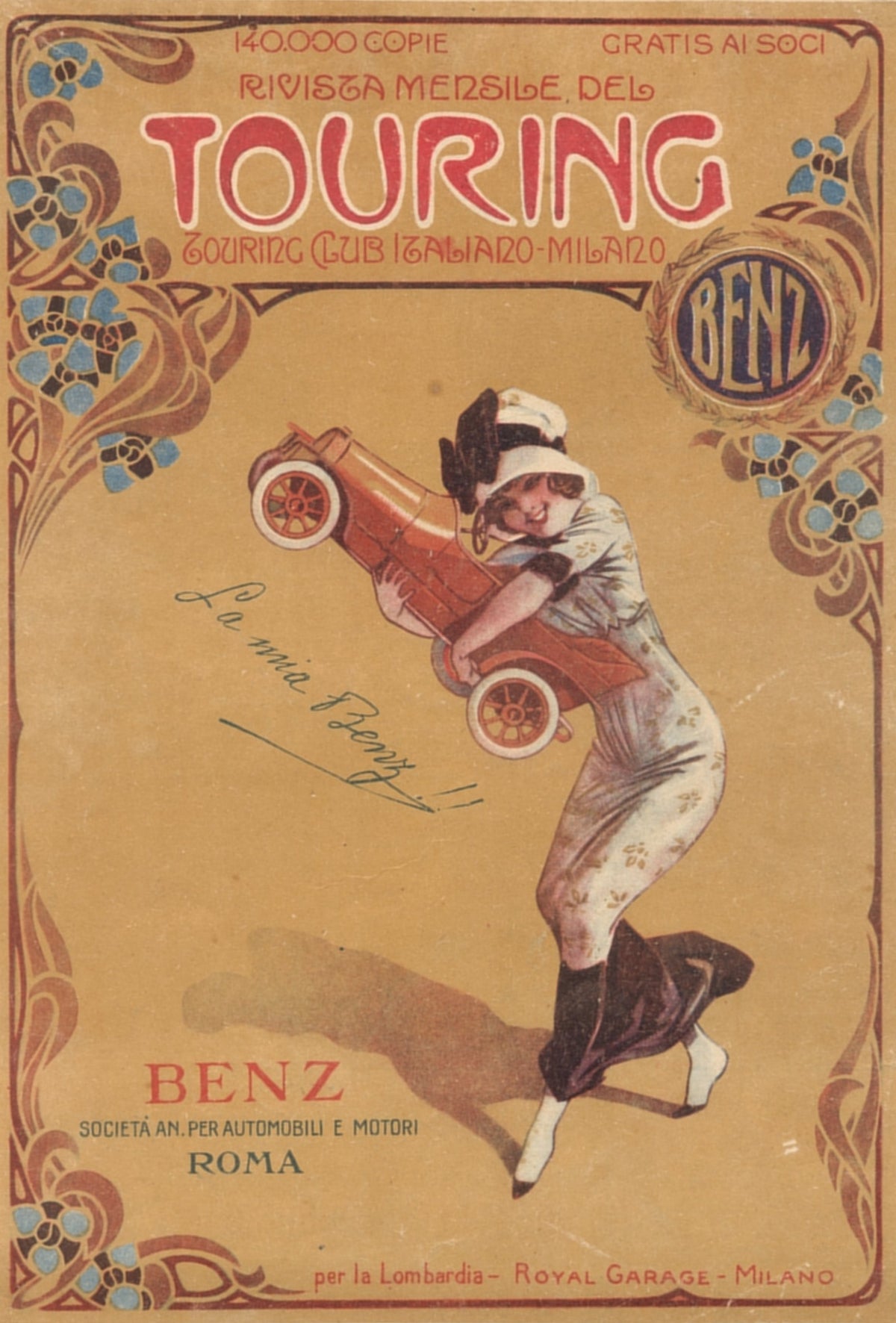 A fashionably dressed woman holds a miniature red car within a decorative floral border.