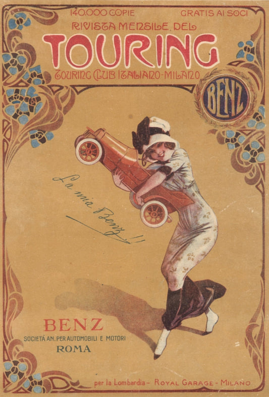 A fashionably dressed woman holds a miniature red car within a decorative floral border.