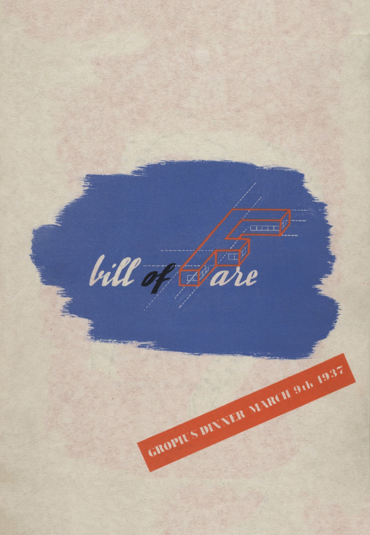Bill of Fare design with a blue field and red Gropius Dinner banner.