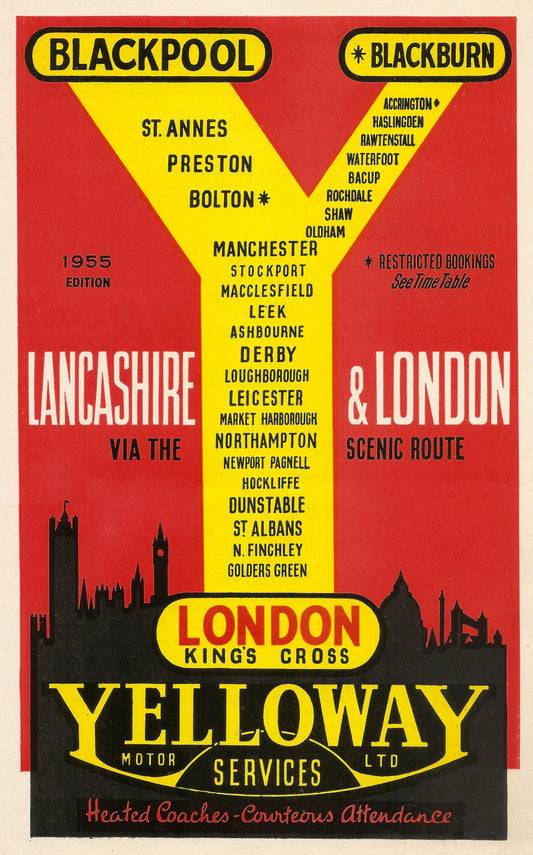 Vintage travel poster - "Yelloway - London to Lancashire coach tours c1955.