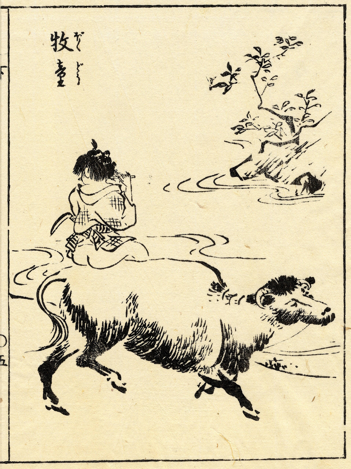 A boy riding an ox beside water and a rocky bank.
