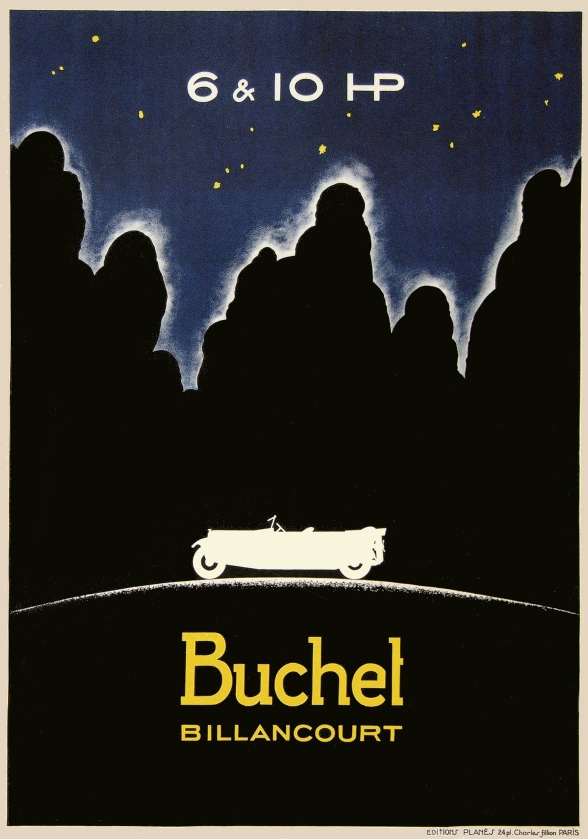 A white open-top car beneath dark tree silhouettes and a starry blue sky.