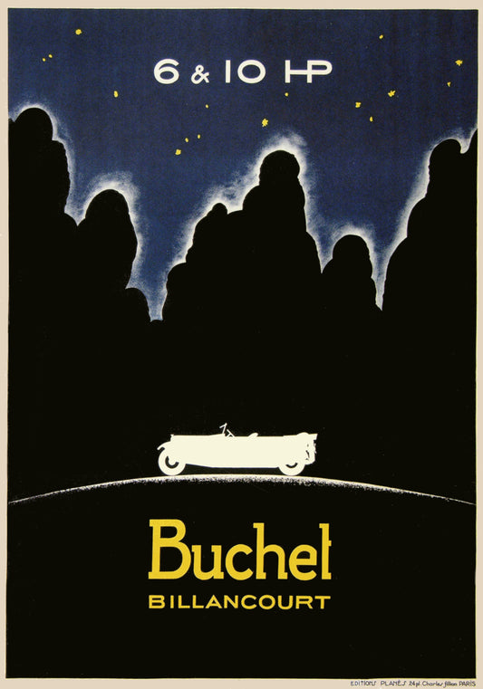 A white open-top car beneath dark tree silhouettes and a starry blue sky.