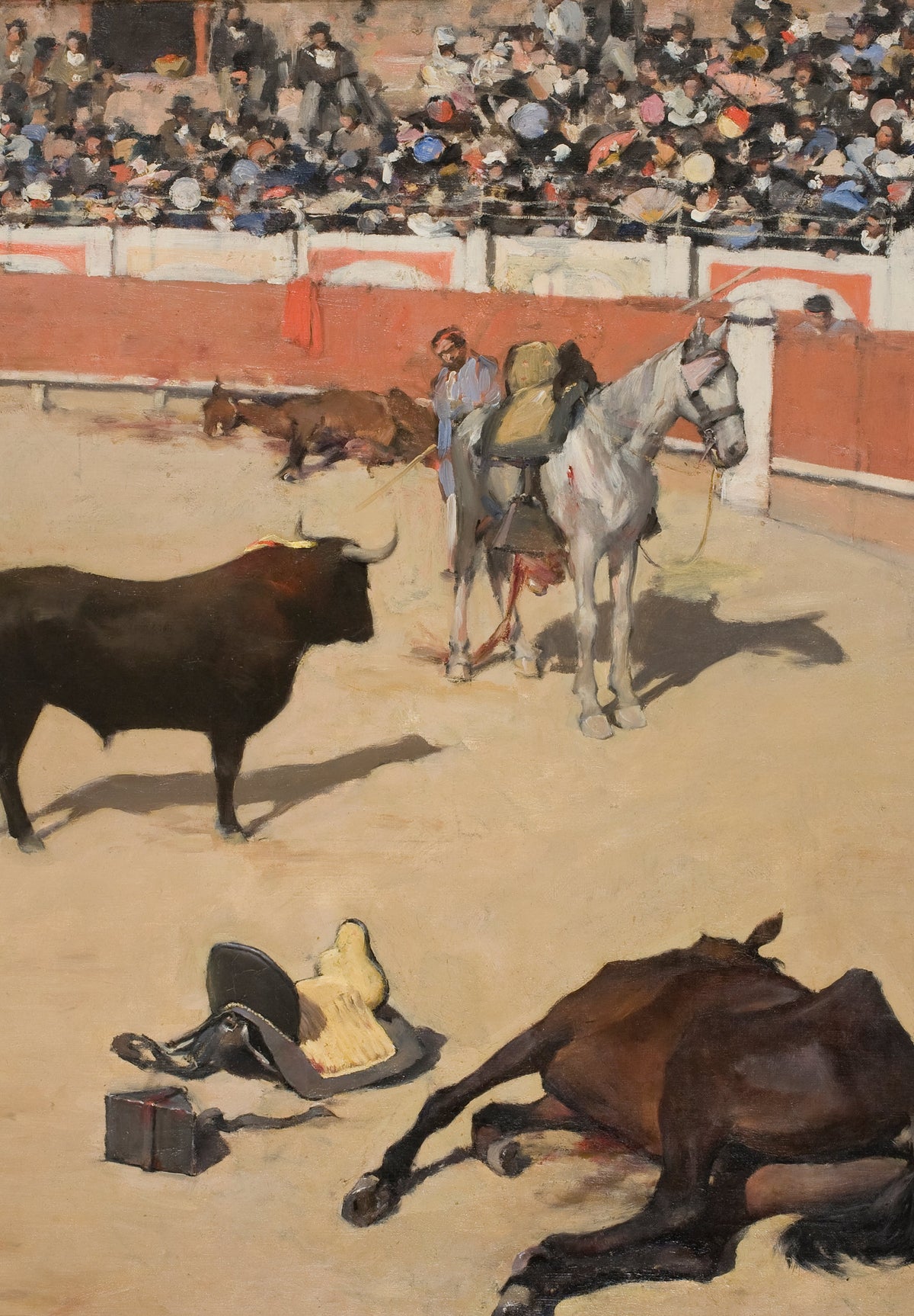 A sunlit bullring scene shows a bull, mounted riders and fallen horses before a crowded stand, painted in warm earth tones.