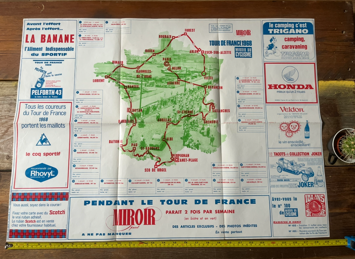 Vintage Cycling Print - Tour de France Route Map, 1968
