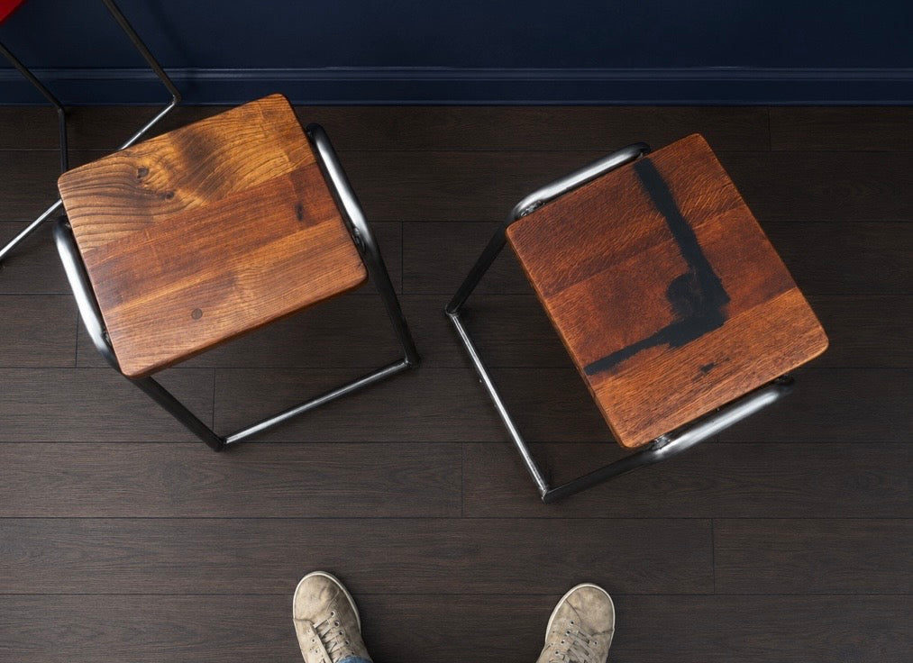Pair of stripped steel Vintage School Lab Stools - Kitchen / cafe