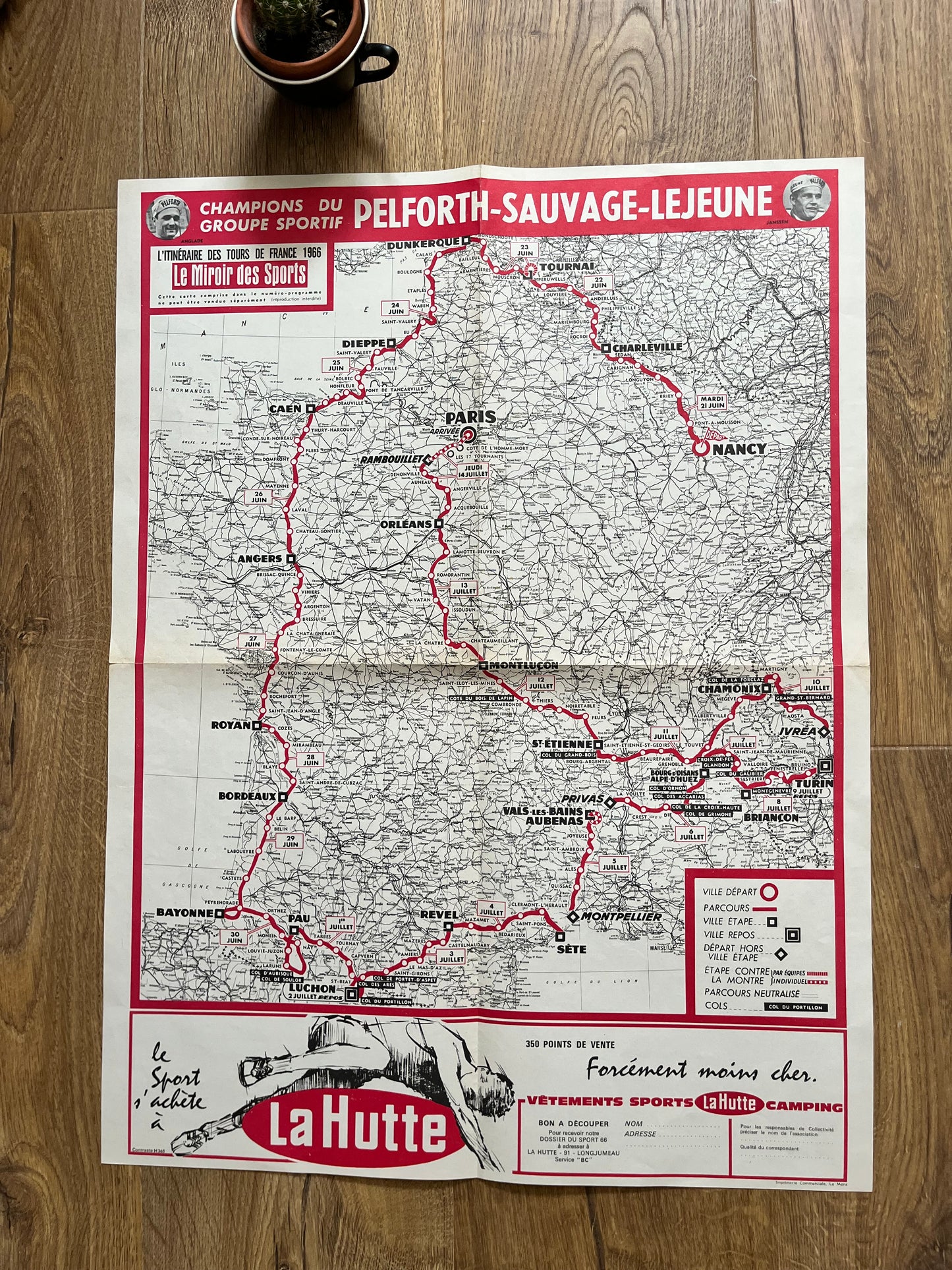 Vintage 1966 Cycling Print - Tour de France Route Map