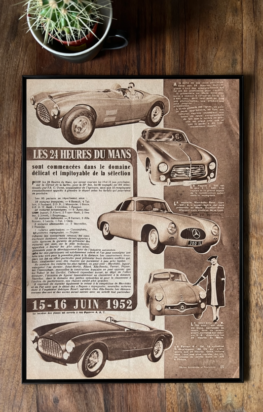 Vintage 1952 Le Mans magazine print Mercedes, Pegaso racing cars