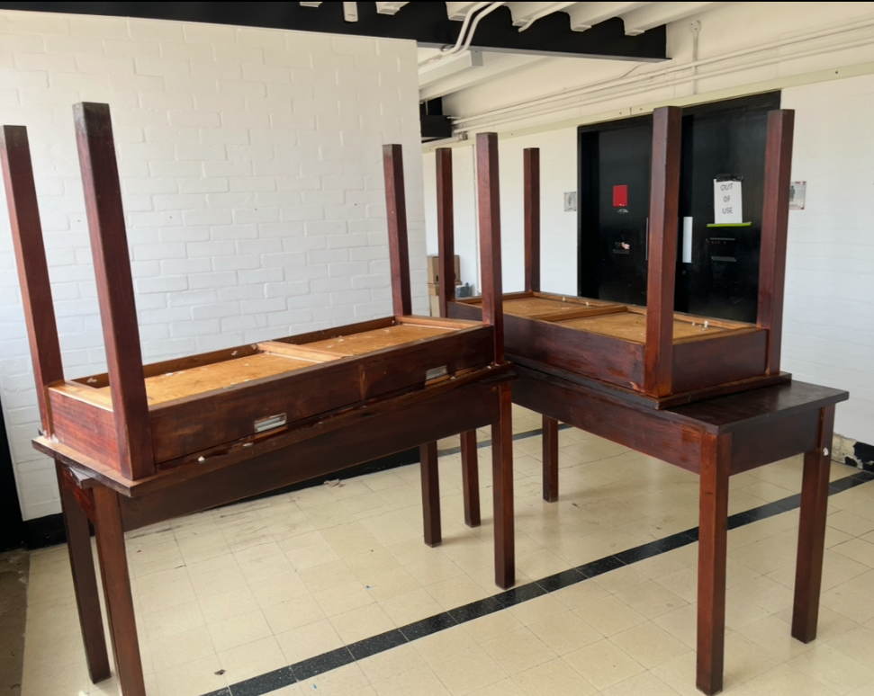 Iroko science lab table / desk from Smithdon school brutalist design c1954